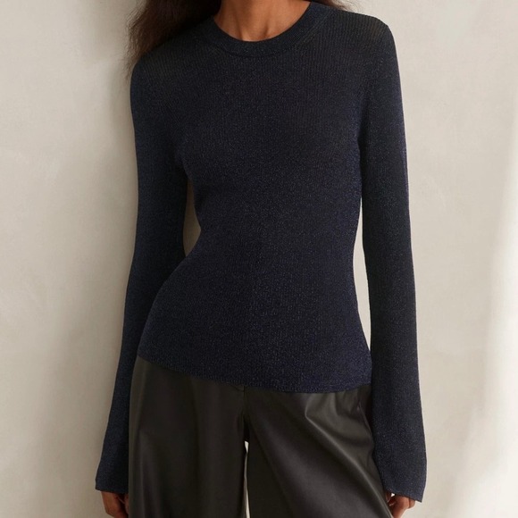 ME+EM Women's L Metallic Sparkle Navy Blue Long Sleeve Ribbed Knit Top Sweater - Picture 1 of 12